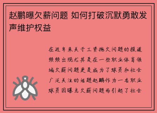 赵鹏曝欠薪问题 如何打破沉默勇敢发声维护权益 赵鹏曝欠薪问题 如何打破沉默勇敢发声维护权益